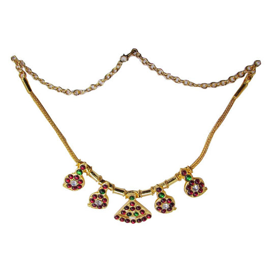 Traditional Temple Jewelry Short Necklace with red and green Kemp stones, pearl accents, and gold-tone pendants