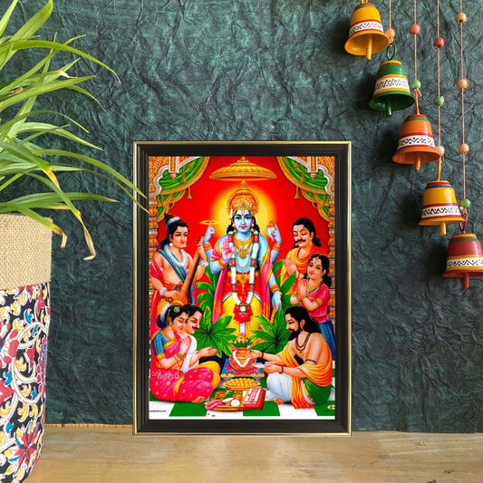 Framed artwork of Lord Vishnu presiding over a Yajna, surrounded by sages and celestial beings.