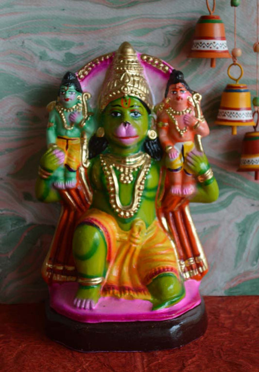 Handcrafted Navarathri Golu doll of Lord Hanuman carrying Lord Rama and Lakshmana on his shoulders.