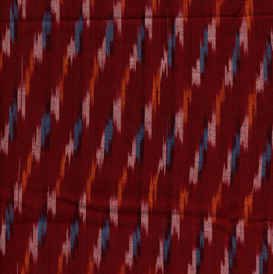 Maroon Ikat blouse fabric with multicolored handwoven patterns, 90 cm length.