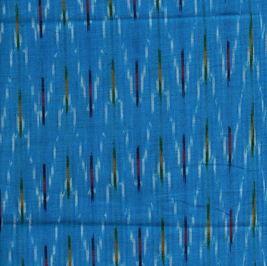 Blue Ikat blouse fabric with multicolored patterns, 90 cm length.