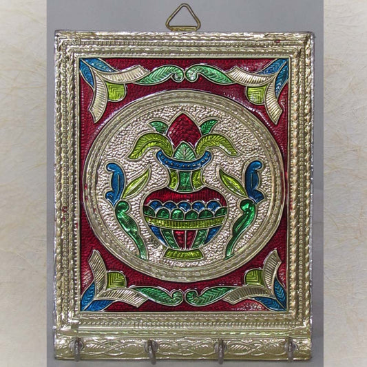 Handcrafted Silvery Kalash Key Holder with colorful accents and multiple hooks