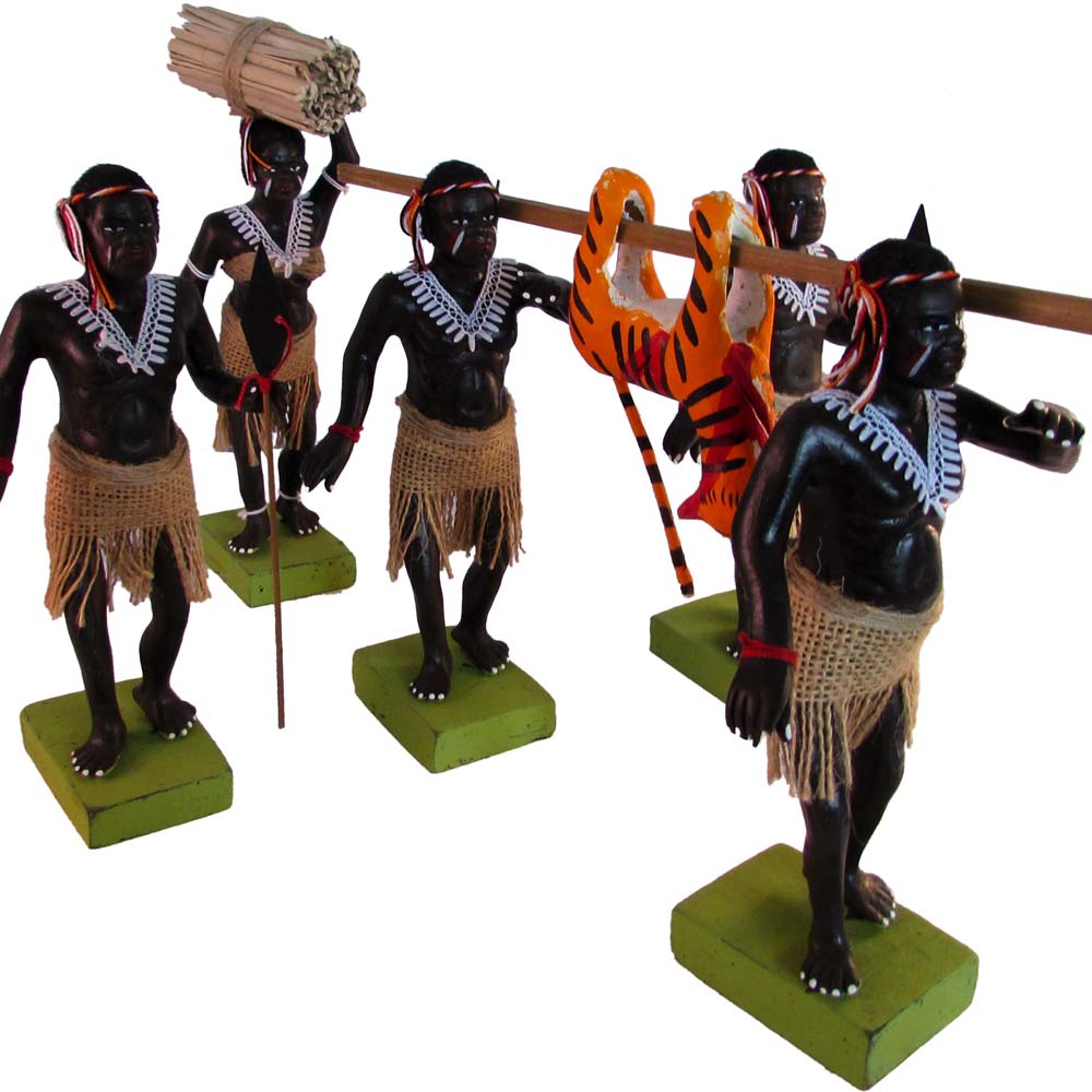 Tribal Tiger Hunting Figurine Set - Handcrafted Set of 5 Traditional Indian Dolls