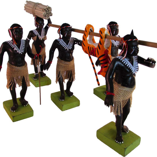 Tribal Tiger Hunting Figurine Set - Handcrafted Set of 5 Traditional Indian Dolls