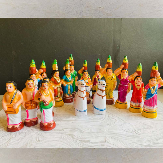 Handcrafted Navarathri Golu Mulaippari set featuring women with pots of sprouting grains, musicians, and devotees in vibrant colors.