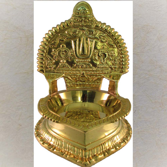 Eternal Shank Chakra Naamam Lamp crafted in brass with intricate carvings of sacred Vishnu symbols, perfect for rituals and decor.