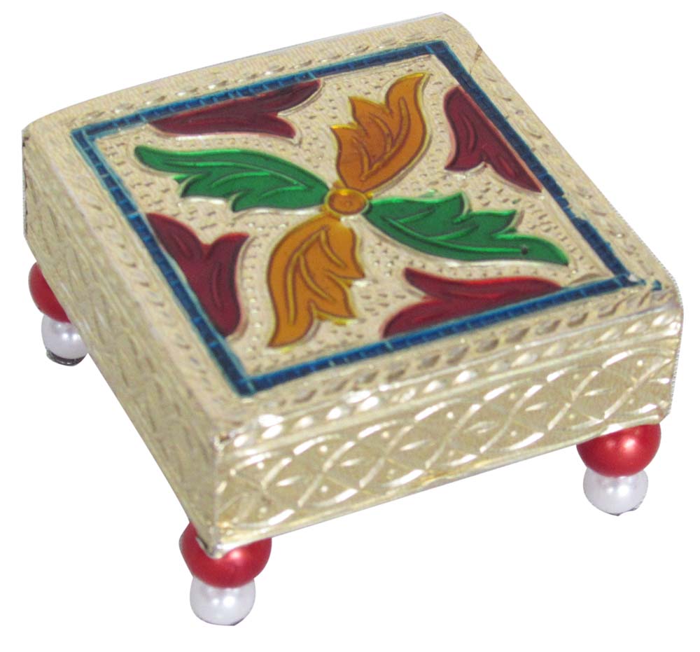 Stool With Plastic Beads Legs Golden Floral Design