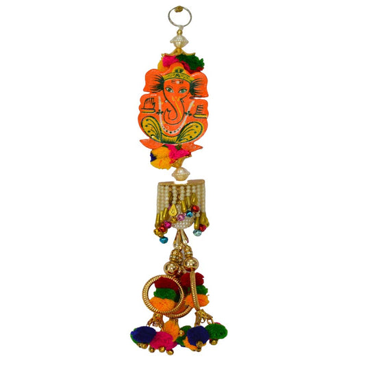 Handcrafted Ganesh hanging ornament with pom-poms, beads, and vibrant embellishments for home decor.