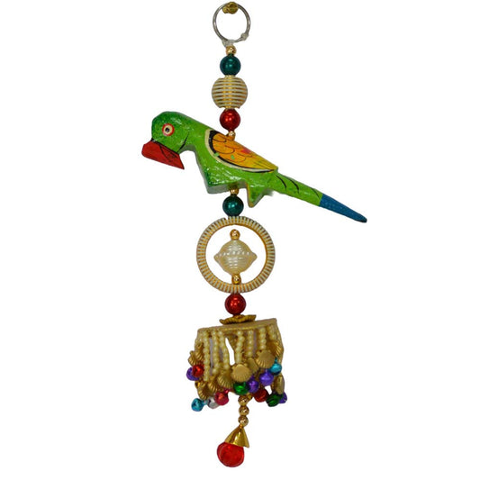 Handcrafted vibrant parrot hanging ornament with colorful beads, a golden ring, and a bell for decor.