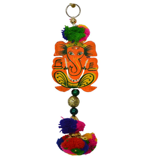 Vibrant handcrafted hanging ornament featuring a colorful depiction of Lord Ganesha with pom poms, beads, and a golden bell.