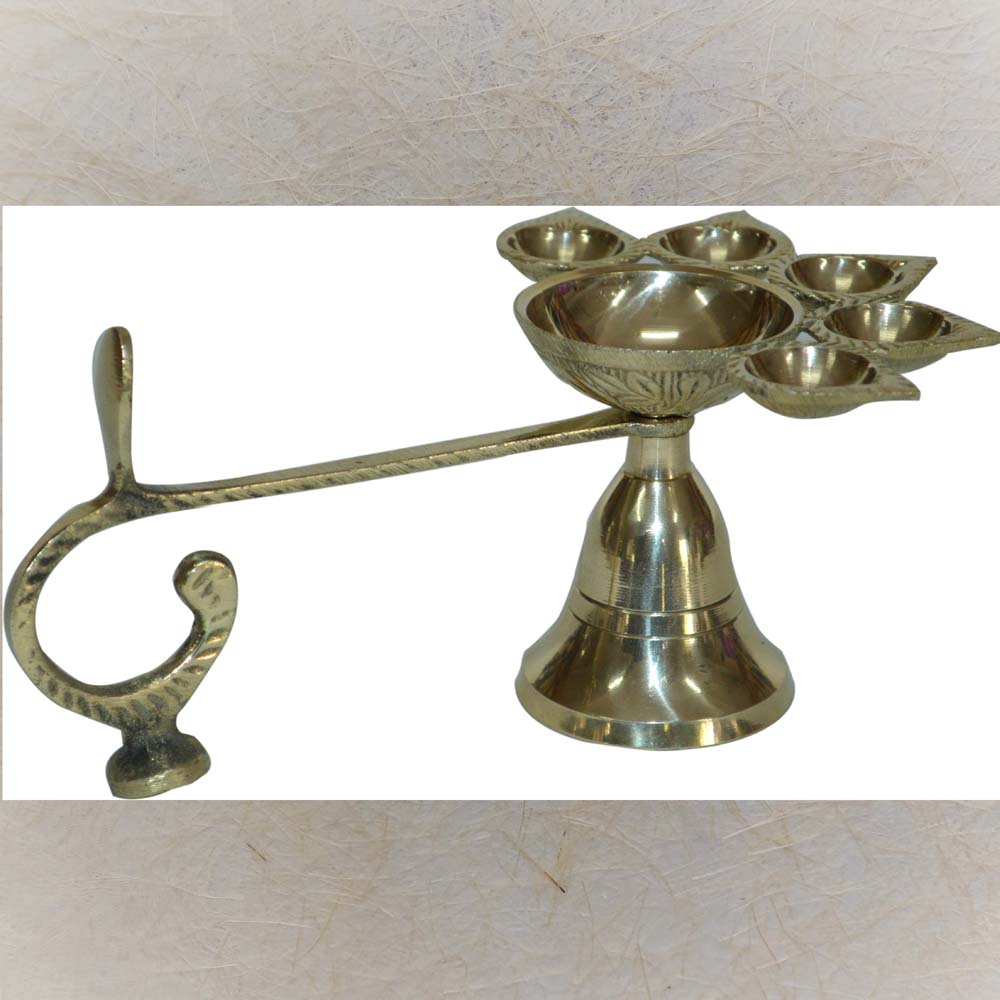 Eternal Pancha Arti – Brass Lamp Holder with Five Lotus-Shaped Lamps for Aarti
